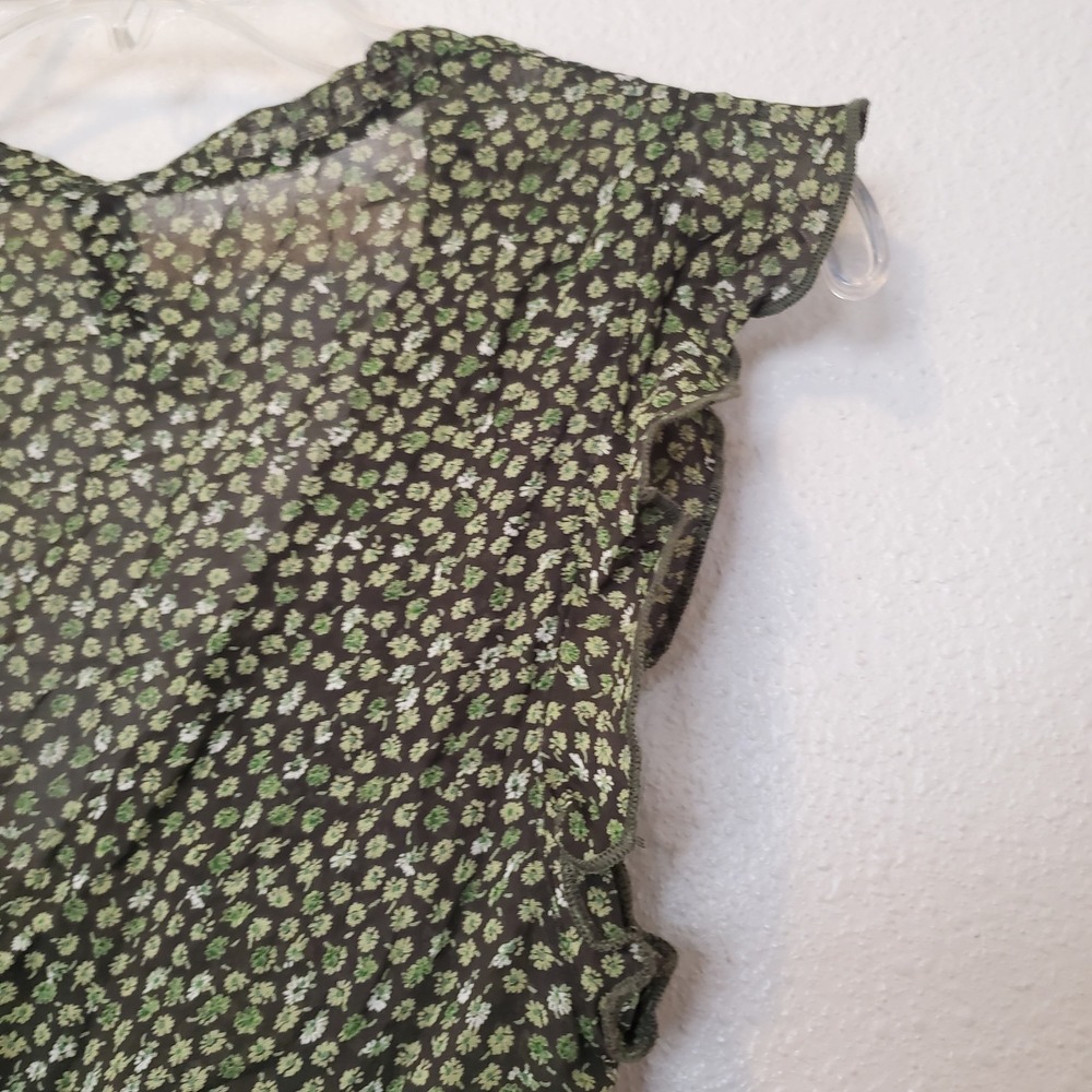 Forever 21 Sheer Floral V-Neck Blouse Green Ruffle Sleeve Side Tie Top F1187-P - Picture 11 of 12